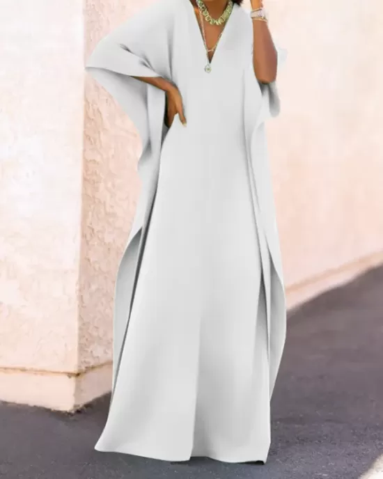 Batwing Sleeves Loose Solid Color Split-Side V-Neck Maxi Dresses