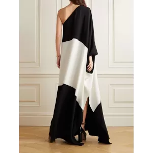 Batwing Sleeves Contrast Color Split-Side One-Shoulder Maxi Dresses