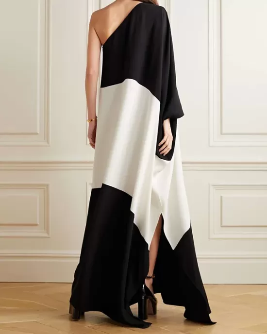 Batwing Sleeves Contrast Color Split-Side One-Shoulder Maxi Dresses