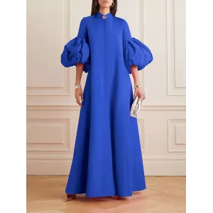 Loose Flower Shape Solid Color Stand Collar Lantern Sleeves Maxi Dresses