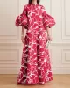 Loose Flower Shape Solid Color Stand Collar Lantern Sleeves Maxi Dresses