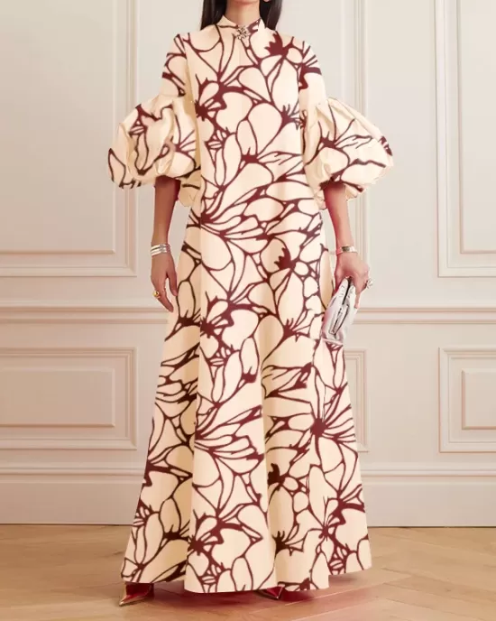 Loose Flower Shape Solid Color Stand Collar Lantern Sleeves Maxi Dresses