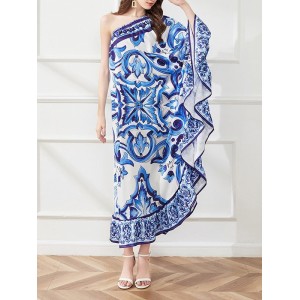 Asymmetric Falbala Floral Printed Batwing Sleeves Loose One-shoulder Midi Dresses