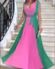 Contrast Color Pleated Sleeveless V-neck Maxi Dresses