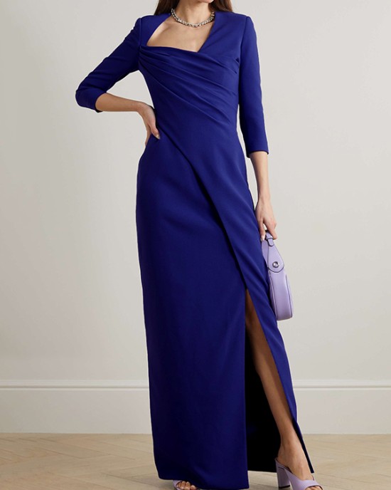 Asymmetric Pleated Solid Color Split-side Zipper Long Sleeves Skinny Maxi Dresses Evening Dresses