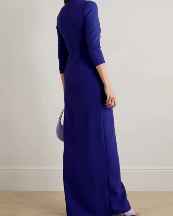 Asymmetric Pleated Solid Color Split-side Zipper Long Sleeves Skinny Maxi Dresses Evening Dresses