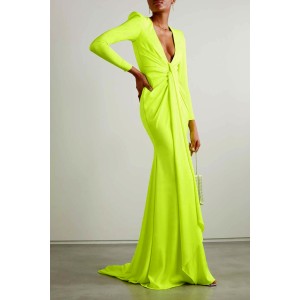 Long Sleeves Skinny Solid Color Tasseled Zipper V-Neck Maxi Evening Dresses