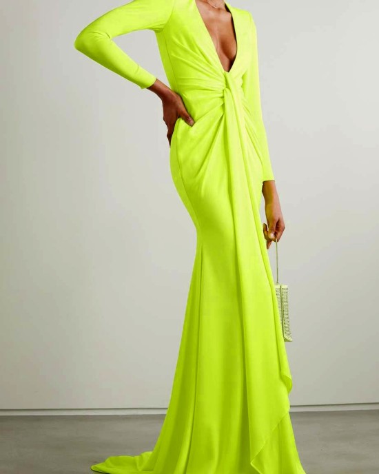 Long Sleeves Skinny Solid Color Tasseled Zipper V-Neck Maxi Evening Dresses