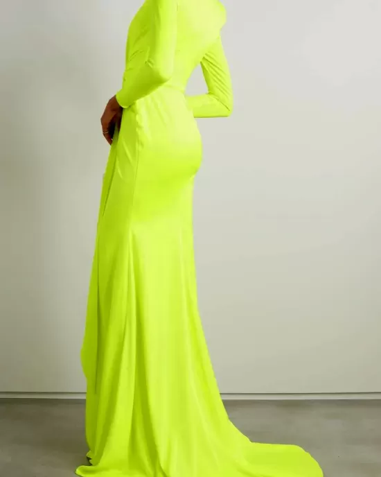 Long Sleeves Skinny Solid Color Tasseled Zipper V-Neck Maxi Evening Dresses