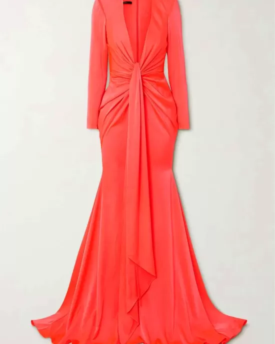 Long Sleeves Skinny Solid Color Tasseled Zipper V-Neck Maxi Evening Dresses