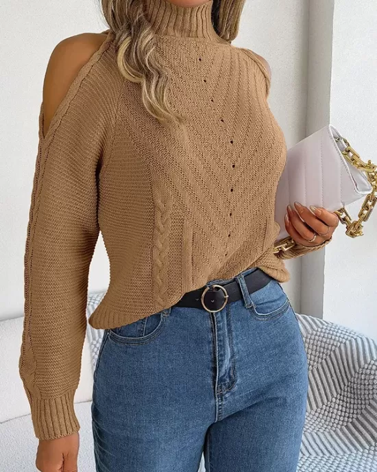 Solid Color Split-Joint Long Sleeves Loose Cold Shoulder Sweater Tops