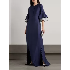 Flared Sleeves Half Sleeves Solid Color Round-Neck Maxi Dresses