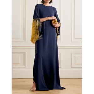 H-Line Long Sleeves Solid Color Split-Side Tasseled Round-Neck Maxi Dresses