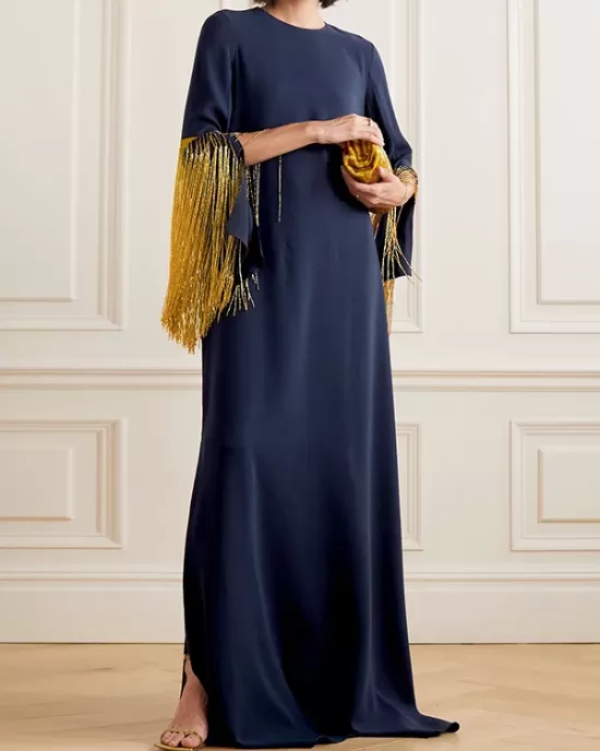 H-Line Long Sleeves Solid Color Split-Side Tasseled Round-Neck Maxi Dresses