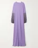 H-Line Long Sleeves Solid Color Split-Side Tasseled Round-Neck Maxi Dresses