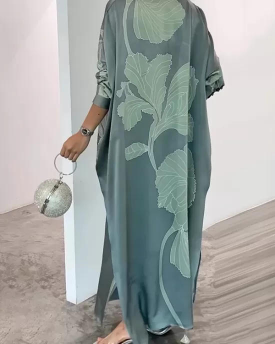 Long Sleeves Buttoned Contrast Color Flower&Leaves Print Muslim V-Neck Maxi Dress