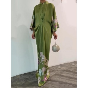 Batwing Sleeves Loose Floral Printed Muslim Pleated Stand Collar Maxi Dresses