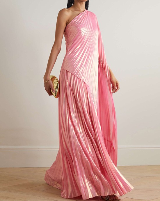 Loose Asymmetric Pleated One-Shoulder Maxi Dresses