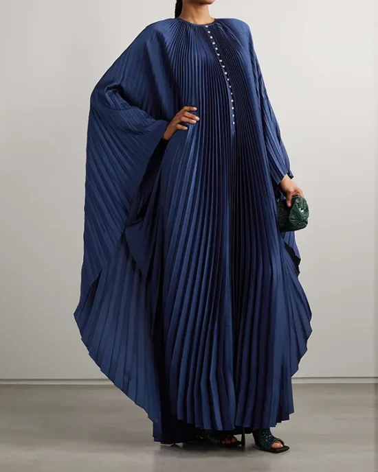 Batwing Sleeves Loose Pleated Solid Color Round-Neck Maxi Dresses