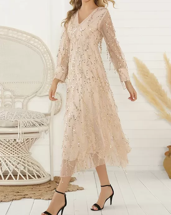 Gauze Pockets See-Through Sequined Split-Joint Long Sleeves Loose V-Neck Midi Dresses Evening Dresses