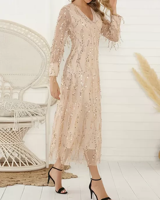 Gauze Pockets See-Through Sequined Split-Joint Long Sleeves Loose V-Neck Midi Dresses Evening Dresses