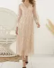 Gauze Pockets See-Through Sequined Split-Joint Long Sleeves Loose V-Neck Midi Dresses Evening Dresses