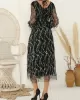 Gauze Pockets See-Through Sequined Split-Joint Long Sleeves Loose V-Neck Midi Dresses Evening Dresses