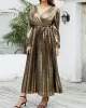 Bronzing Elasticity Pleated Solid Color Tied Waist Long Sleeves Loose V-Neck Midi Dresses