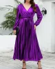 Bronzing Elasticity Pleated Solid Color Tied Waist Long Sleeves Loose V-Neck Midi Dresses