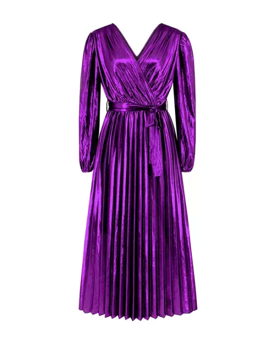 Bronzing Elasticity Pleated Solid Color Tied Waist Long Sleeves Loose V-Neck Midi Dresses