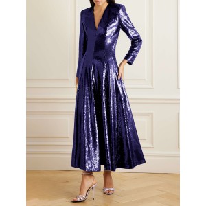 Sequined Solid Color A-line Long Sleeves V-neck Maxi Dresses