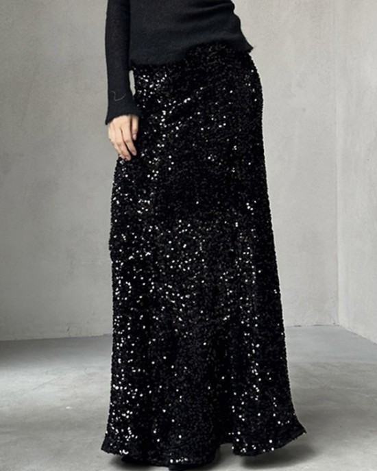 Sequined Split-Joint H-Line Loose Skirts