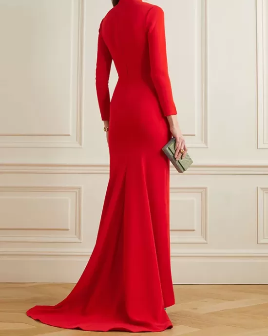 Long Sleeves Solid Color Half Turtleneck Evening Dresses Maxi Dresses