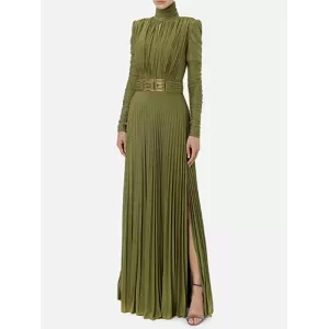 Long Sleeves Pleated Solid Color Split-Side V-Back High-Neck Evening Dresses Maxi Dresses