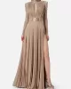 Long Sleeves Pleated Solid Color Split-Side V-Back High-Neck Evening Dresses Maxi Dresses