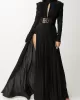 Long Sleeves Pleated Solid Color Split-Side V-Back High-Neck Evening Dresses Maxi Dresses