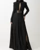 Long Sleeves Pleated Solid Color Split-Side V-Back High-Neck Evening Dresses Maxi Dresses