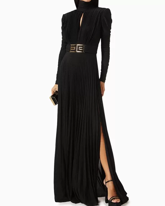 Long Sleeves Pleated Solid Color Split-Side V-Back High-Neck Evening Dresses Maxi Dresses