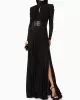 Long Sleeves Pleated Solid Color Split-Side V-Back High-Neck Evening Dresses Maxi Dresses