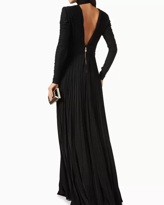 Long Sleeves Pleated Solid Color Split-Side V-Back High-Neck Evening Dresses Maxi Dresses