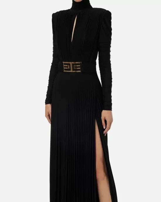 Long Sleeves Pleated Solid Color Split-Side V-Back High-Neck Evening Dresses Maxi Dresses