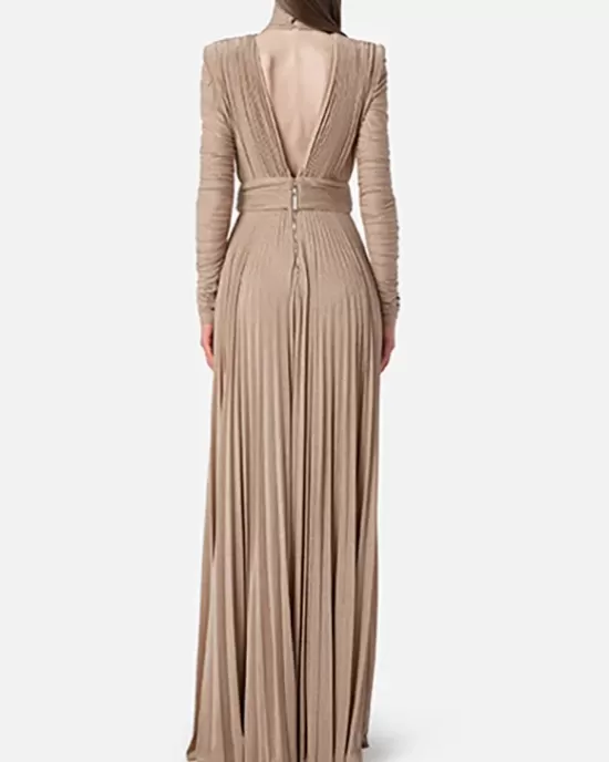 Long Sleeves Pleated Solid Color Split-Side V-Back High-Neck Evening Dresses Maxi Dresses