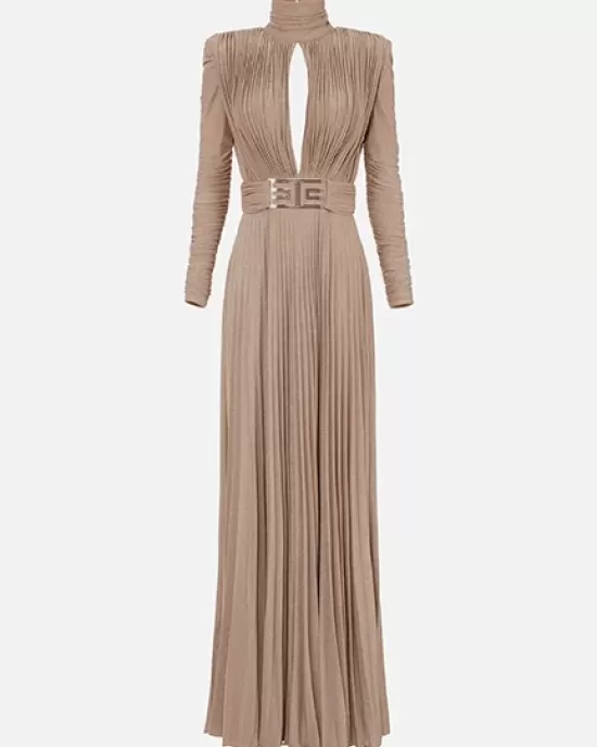 Long Sleeves Pleated Solid Color Split-Side V-Back High-Neck Evening Dresses Maxi Dresses