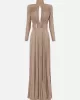 Long Sleeves Pleated Solid Color Split-Side V-Back High-Neck Evening Dresses Maxi Dresses