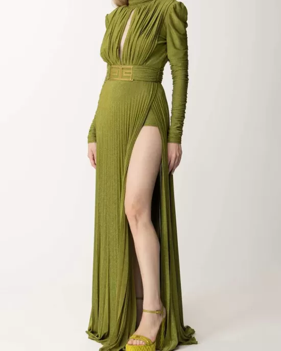 Long Sleeves Pleated Solid Color Split-Side V-Back High-Neck Evening Dresses Maxi Dresses