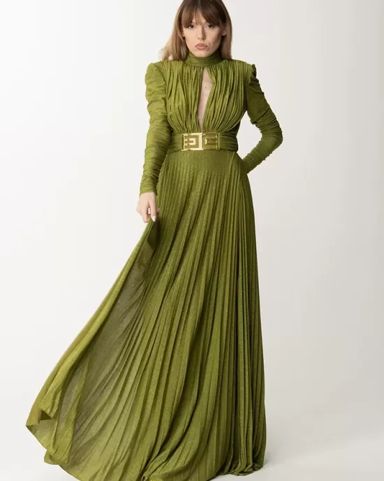 Long Sleeves Pleated Solid Color Split-Side V-Back High-Neck Evening Dresses Maxi Dresses