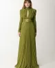 Long Sleeves Pleated Solid Color Split-Side V-Back High-Neck Evening Dresses Maxi Dresses