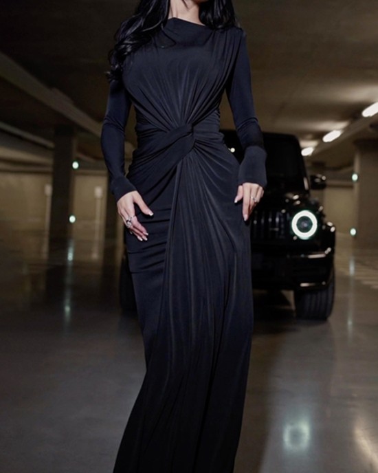 Solid Color Long Sleeves Mermaid Round-neck Maxi Dresses Evening Dresses