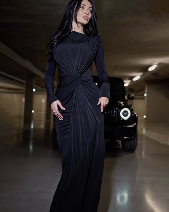 Solid Color Long Sleeves Mermaid Round-neck Maxi Dresses Evening Dresses