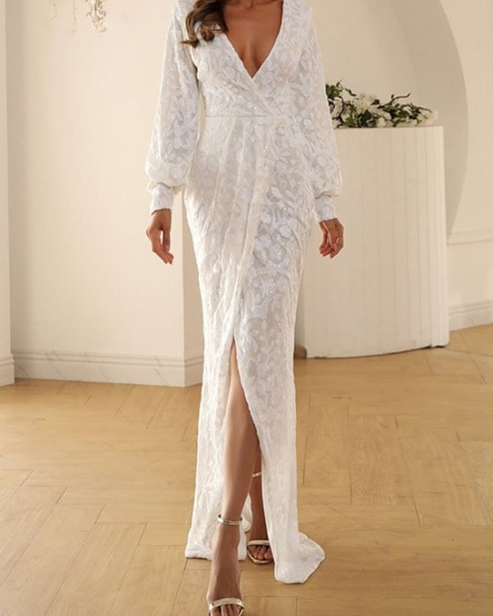 Sequined Solid Color Split-Front Tied Waist Bodycon Long Sleeves V-Neck Maxi Dresses